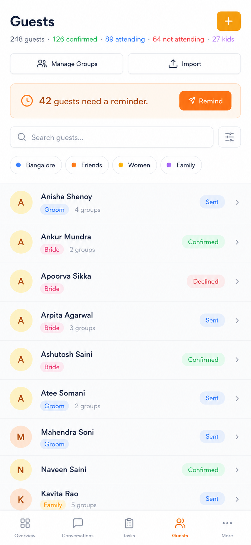 Marigold guest list showing groups and RSVP status